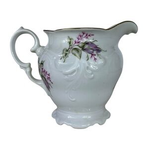 Vintage Poland Porcelain Pitcher Polish European Pottery Floral White Purple